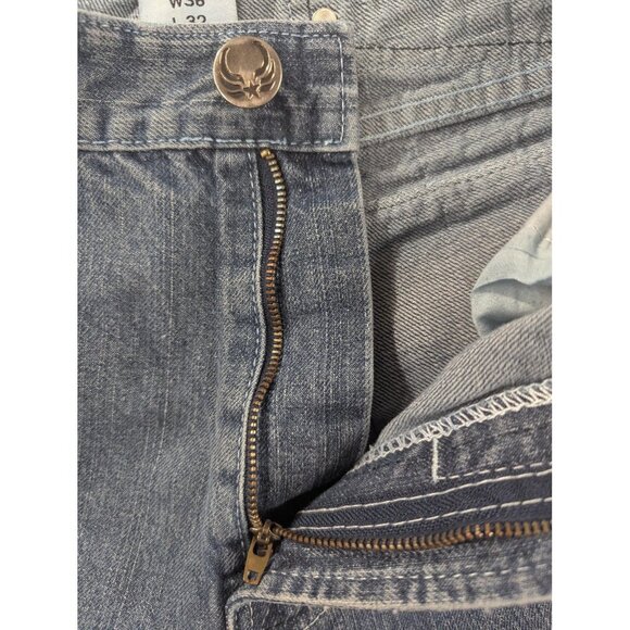 Basic Code Jeans Mens 36x32 Blue Denim Straight Leg Distressed Frayed Hem BSCD - Picture 12 of 14